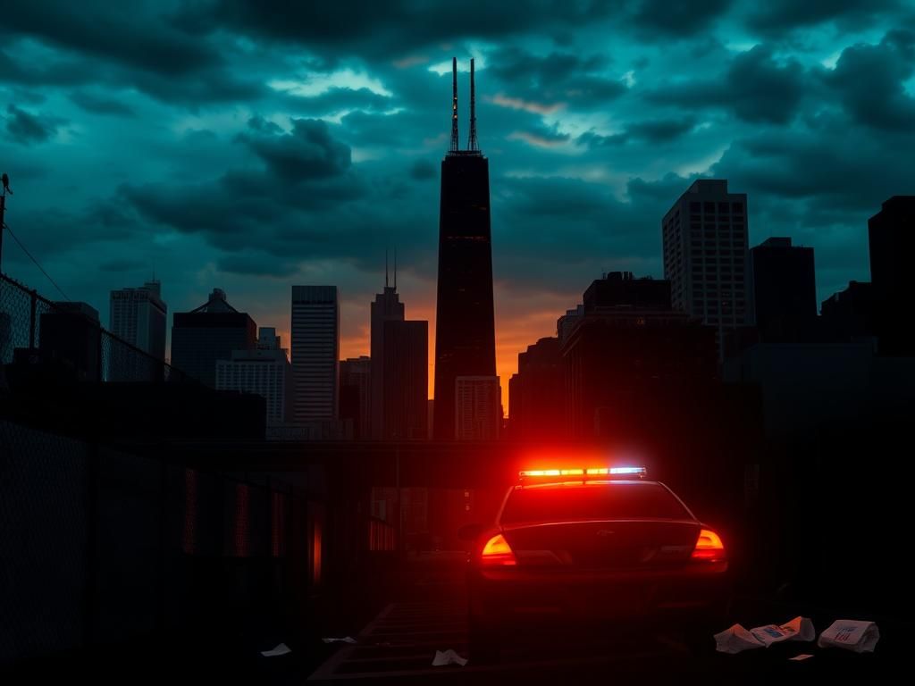 Flick International Dramatic urban scene of Chicago skyline at dusk with police car lights