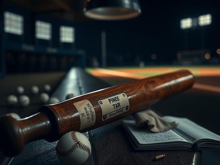 Flick International Close-up of a baseball bat resting on a bench in a dimly lit dugout, surrounded by scattered baseballs and gear.