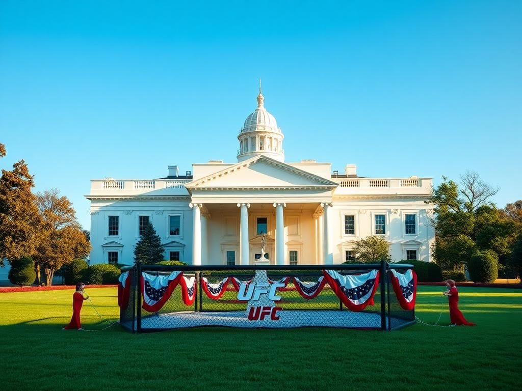 Flick International Empty UFC octagon on the South Lawn of the White House, with the Lincoln Memorial in the background