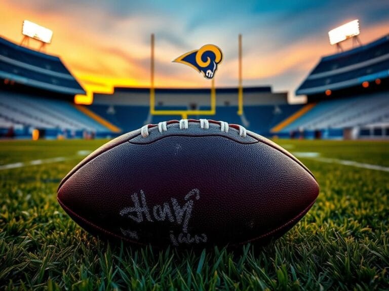 Flick International Sunset football stadium showcasing the Los Angeles Rams colors and a football on the grass