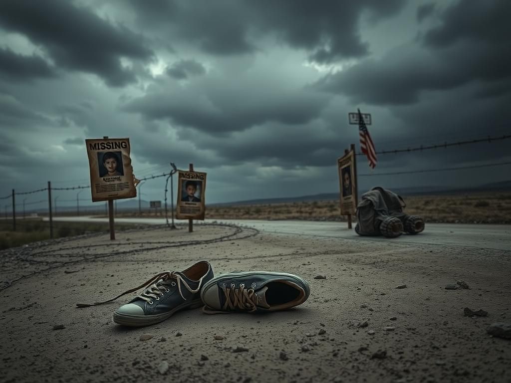 Flick International Abandoned shoes and backpack at a border crossing symbolizing missing migrant children