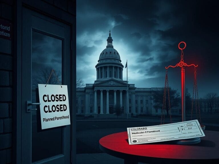 Flick International A closed Planned Parenthood facility door signifying reduced access to healthcare funding in Colorado amidst a looming budget deficit.