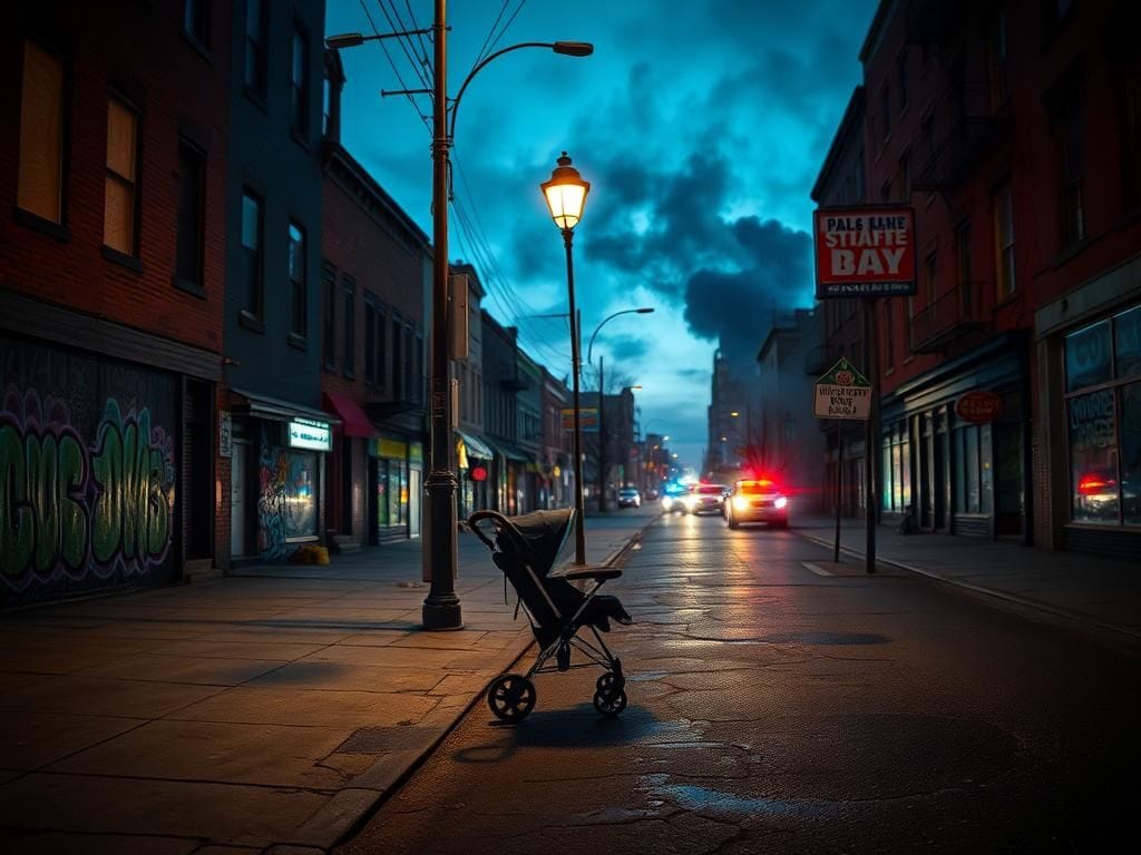 Flick International Desolate urban street in Baltimore at twilight, showcasing tension and uncertainty