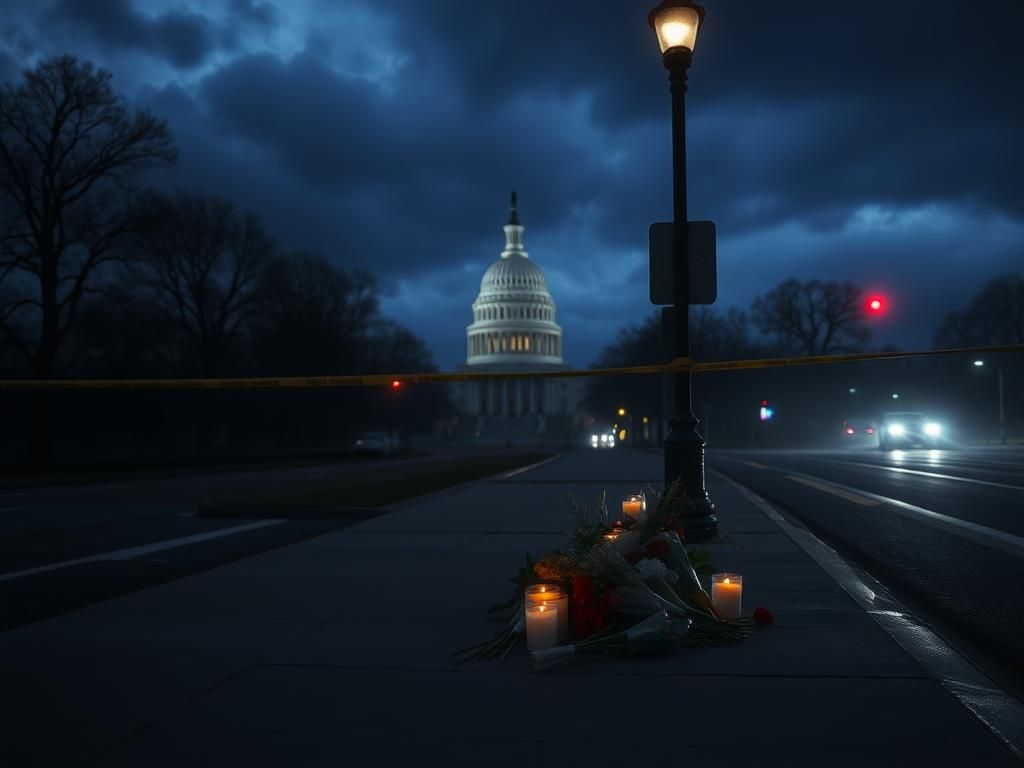 Flick International A somber memorial scene with flowers and candles on a sidewalk in Washington, D.C.