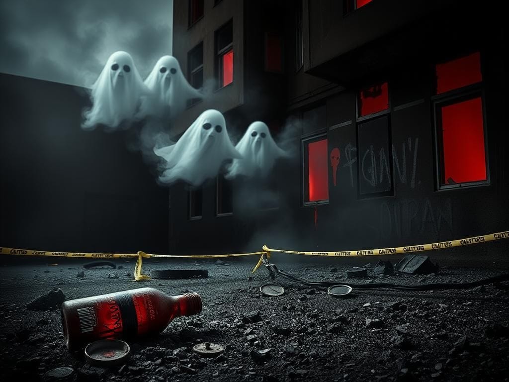 Flick International Exterior view of a burned-out ICE building after a firebombing incident, showcasing charred walls and shattered windows.