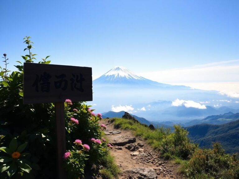 Flick International A breathtaking view of Mount Fuji with a rugged path lined with wildflowers leading to its snowy summit.