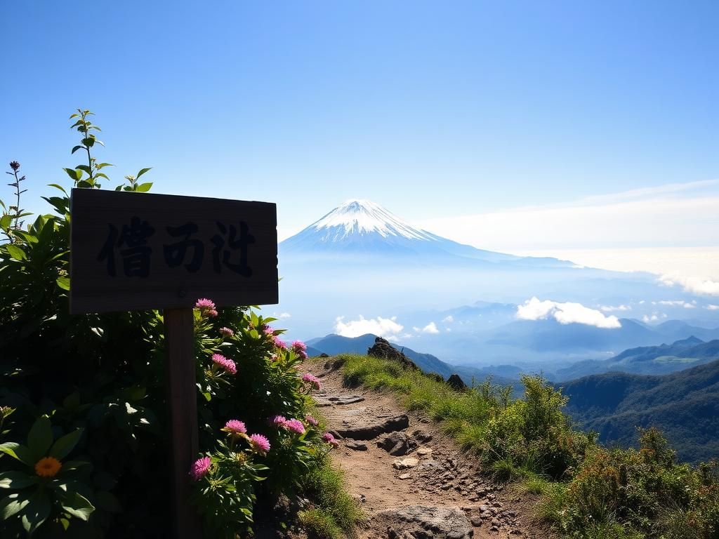 Flick International A breathtaking view of Mount Fuji with a rugged path lined with wildflowers leading to its snowy summit.