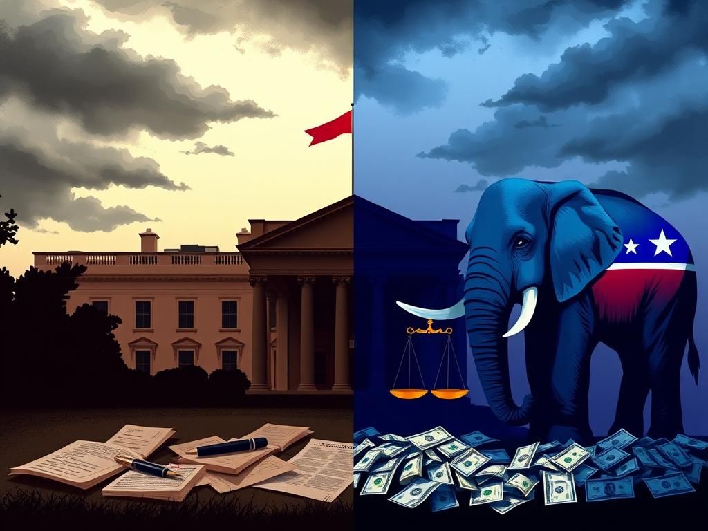 Flick International Stylized silhouette of the White House symbolizing Biden's administration with autopen imagery