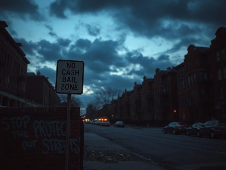 Flick International A moody urban landscape in a Chicago neighborhood at dusk with a broken street sign reading 'No Cash Bail Zone'.