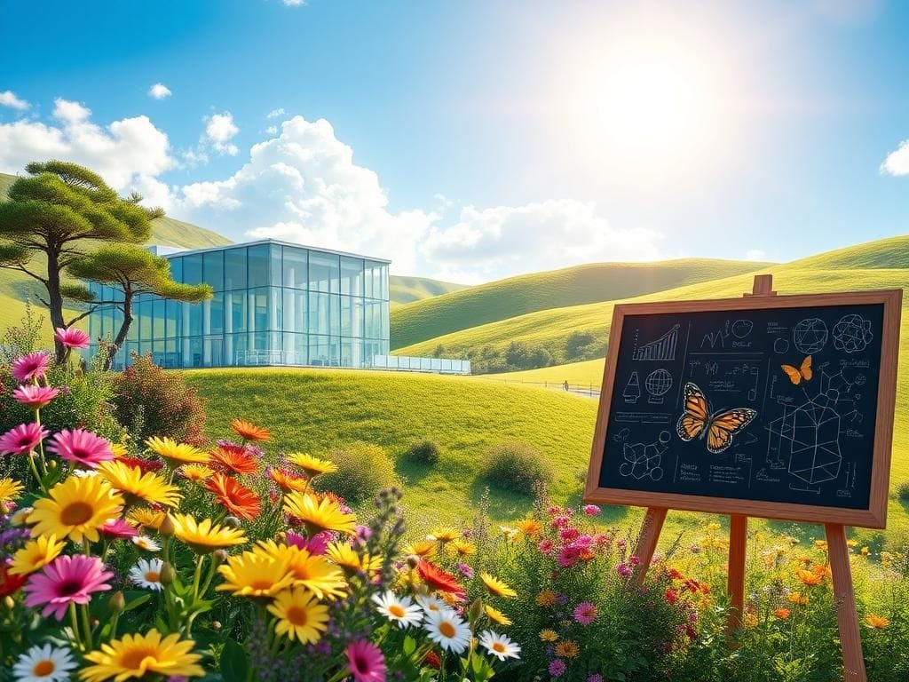 Flick International A serene landscape featuring a research laboratory with large glass windows surrounded by lush green hills and a bright blue sky.