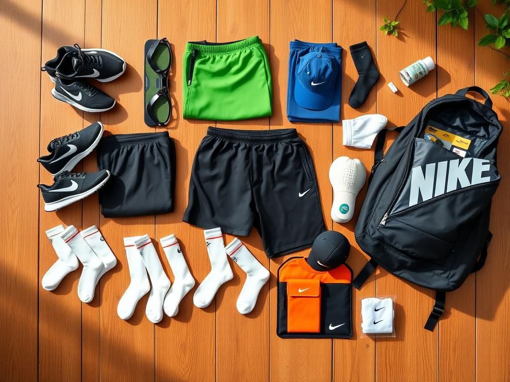 Flick International Vibrant flat lay of Nike products including walking shoes, joggers, socks, and a backpack
