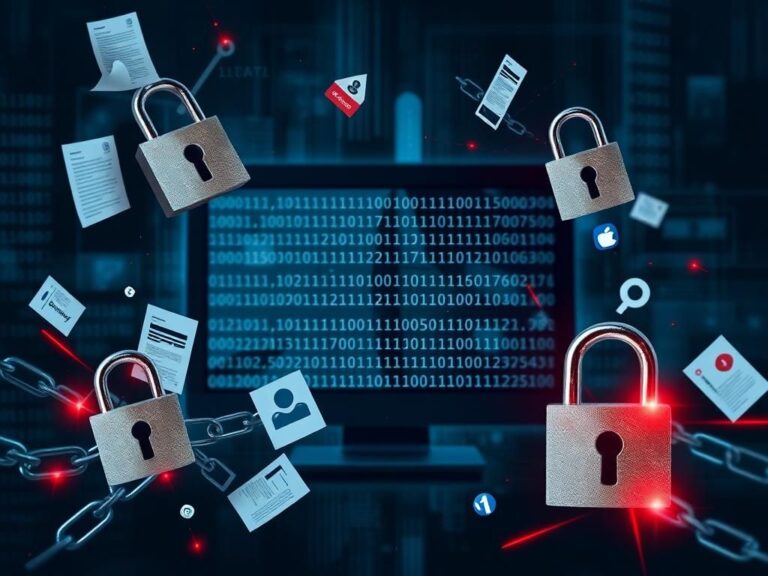 Flick International A digital collage representing online privacy and data exposure, with abstract computer screens and symbols of security breaches.