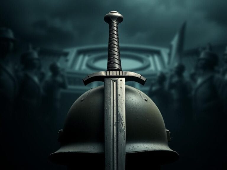 Flick International Ancient sword on military helmet symbolizing warrior ethos