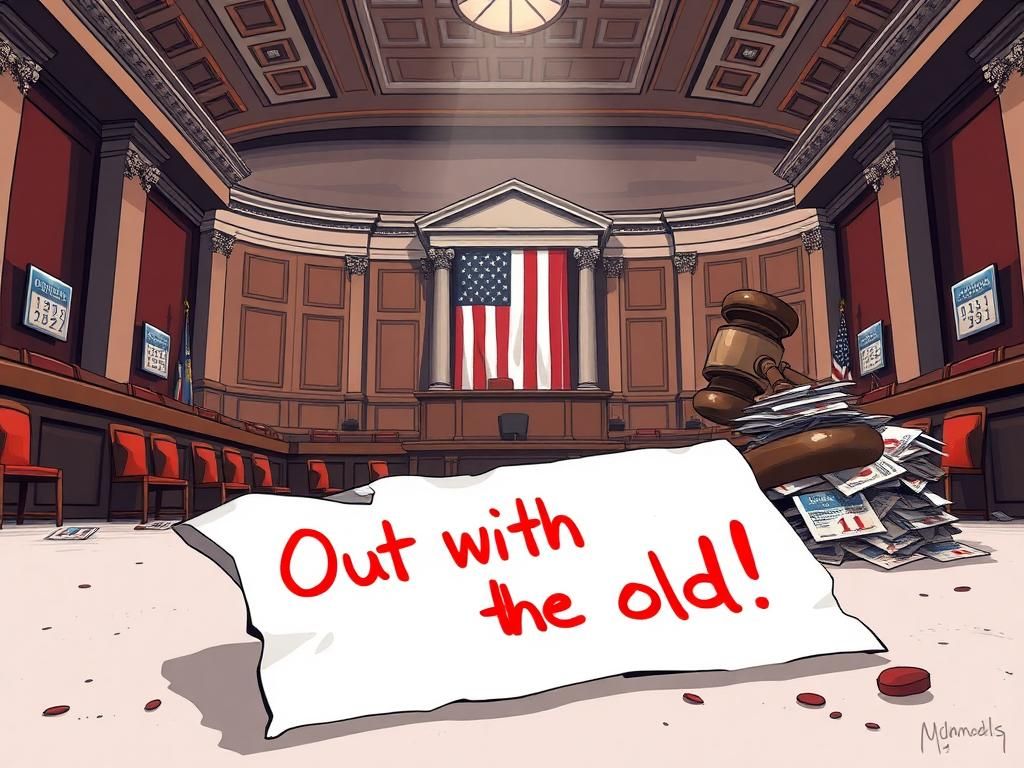 Flick International Political cartoon depicting an empty House of Representatives chamber with a crumpled paper and dusty gavel symbolizing change.