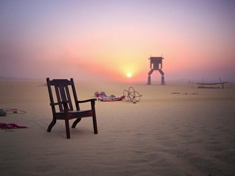 Flick International Empty, overturned wooden chair in the Black Rock Desert symbolizing loss at the Burning Man festival.