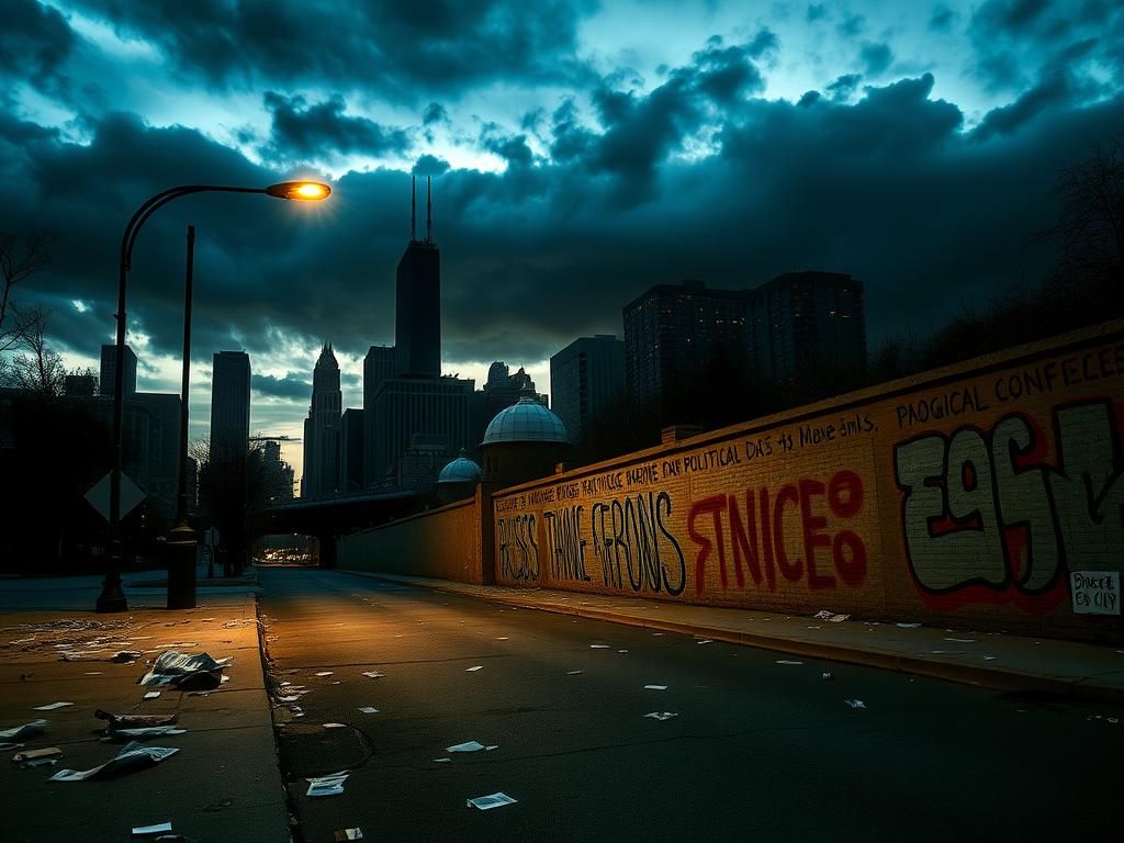 Flick International A dramatic cityscape of Chicago at dusk with empty streets and signs of unrest