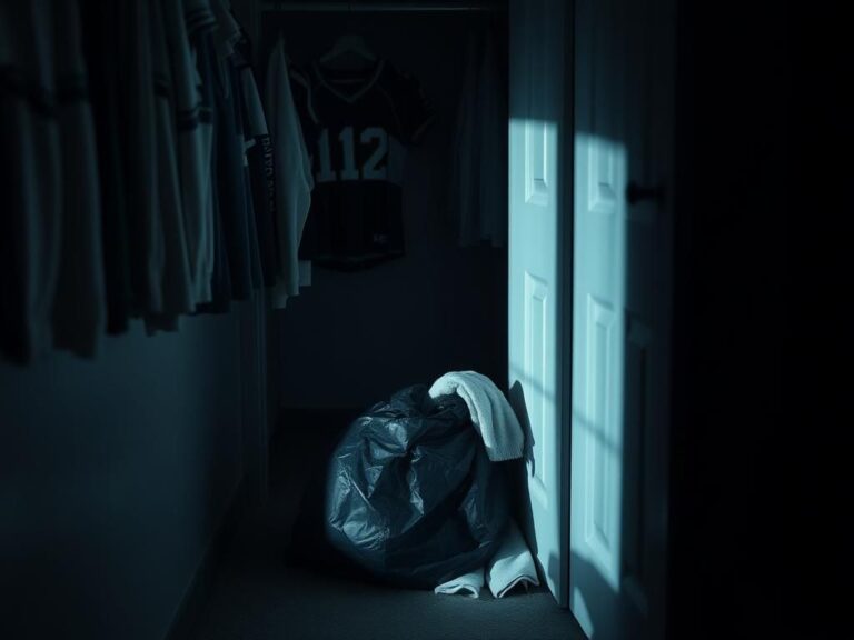 Flick International Dimly lit closet with a crumpled trash bag and hints of a baby outfit