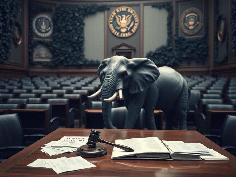 Flick International A chaotic Senate hearing room with scattered papers and an elephant statue representing the contentious COVID debate