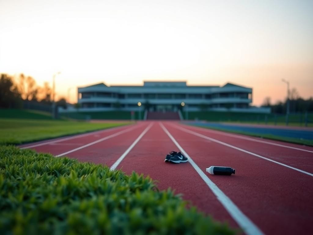 Flick International Empty university running track at dusk symbolizing the absence of competition