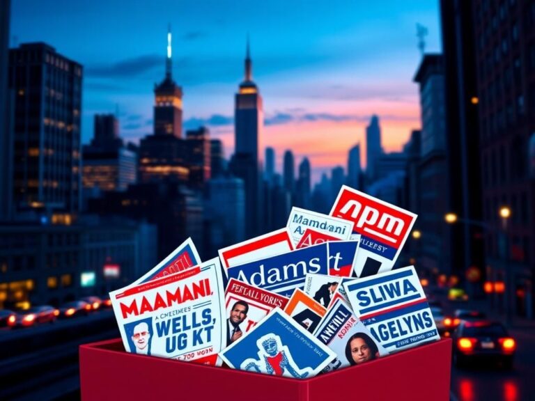 Flick International Vibrant urban landscape of New York City at dusk with a ballot box overflowing with campaign flyers.