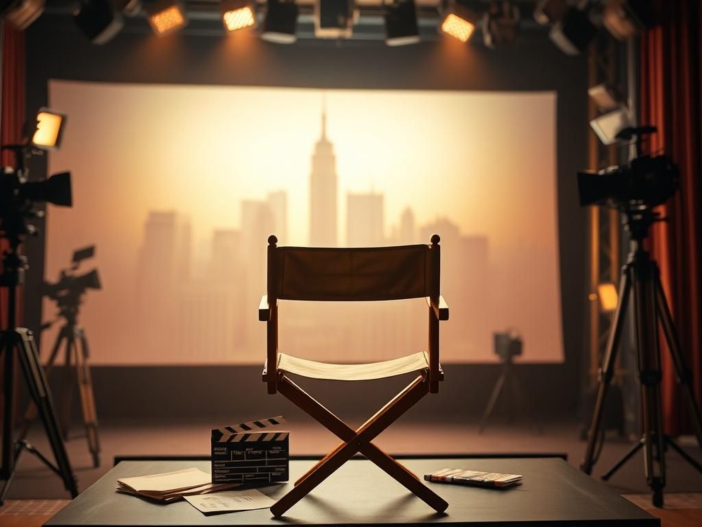Flick International Empty director's chair on a film set with an illuminated movie screen in the background