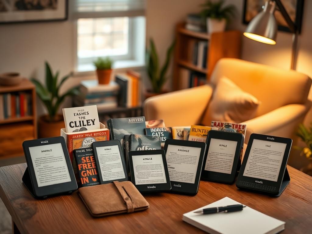 Flick International Cozy reading nook with various Amazon Kindle devices on a wooden table