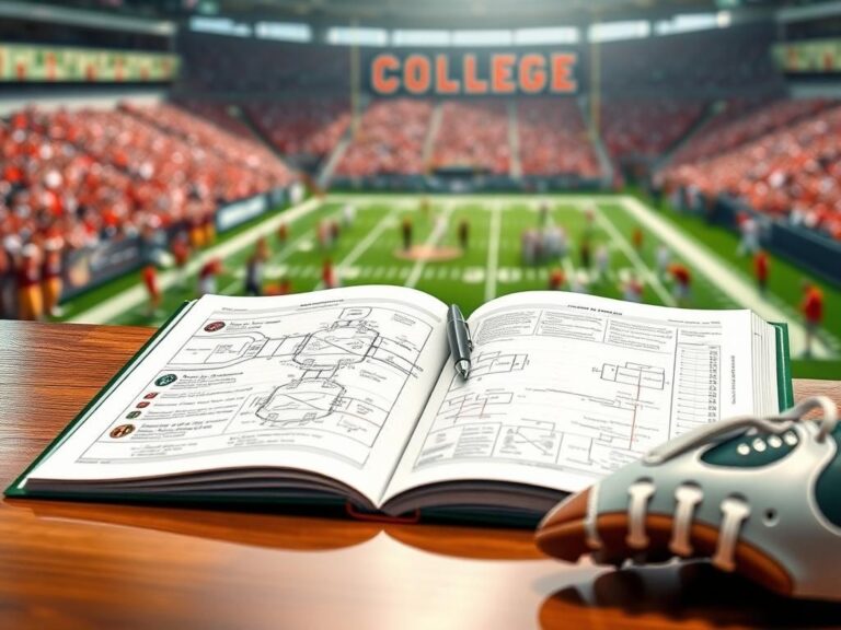 Flick International Open football playbook on a wooden table with college football imagery in the background