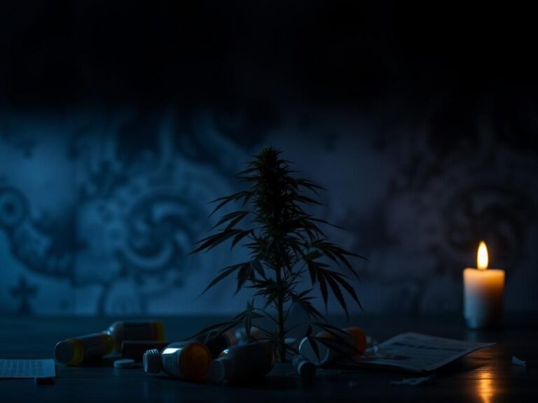 Flick International Abstract representation of a drooping cannabis plant in a dimly lit room, symbolizing the struggles of using marijuana to cope with stress and trauma.