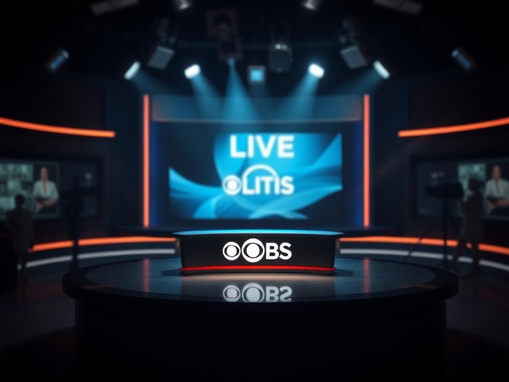Flick International Abstract representation of a dimly lit television studio with CBS logo