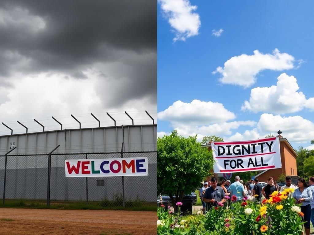 Flick International Split image contrasting an immigration detention center with high fences and a vibrant community space promoting inclusivity