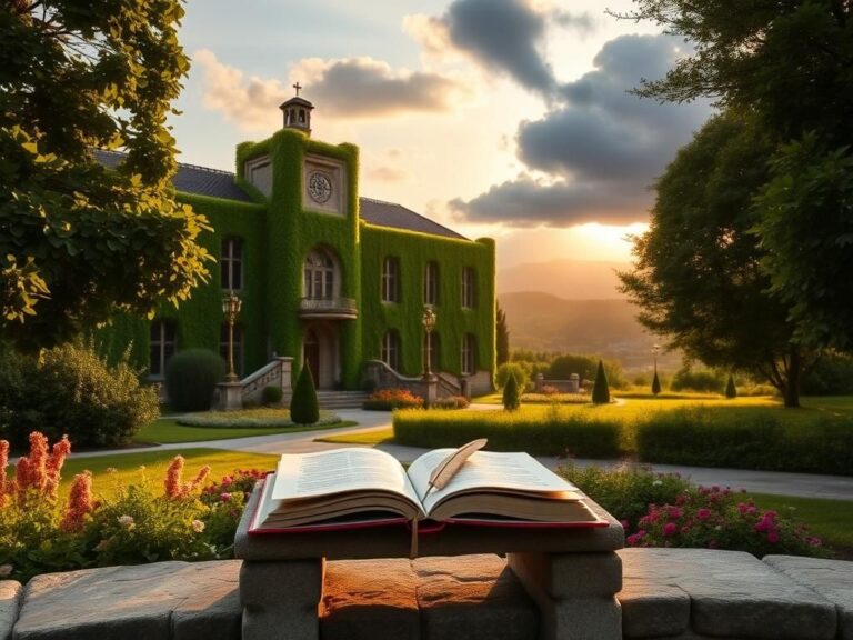Flick International Ivy-covered Jesuit university building bathed in golden light with a stone bench and open books
