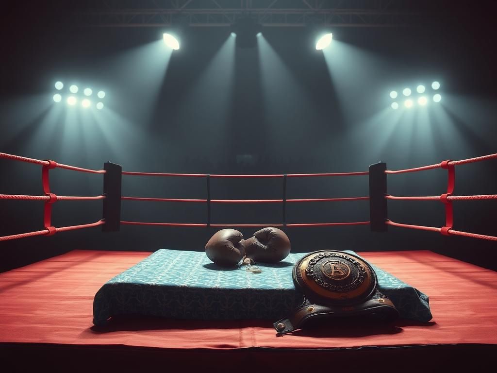 Flick International A pair of well-worn boxing gloves resting in an empty boxing ring with faint silhouettes of cheering crowds in the background