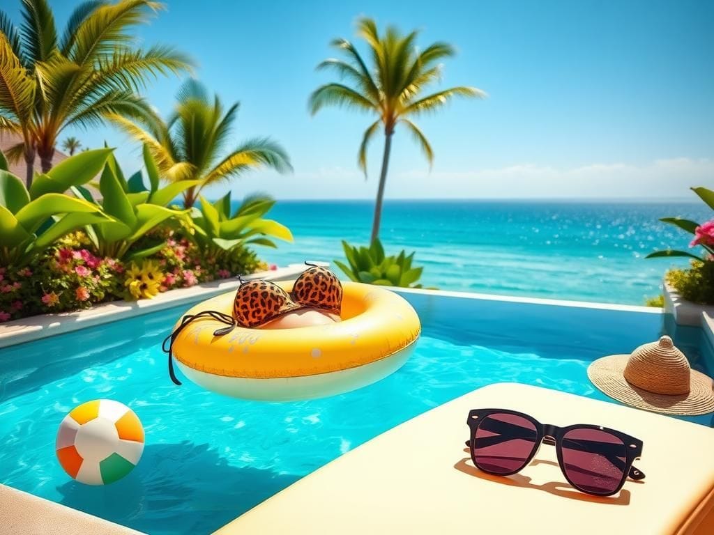 Flick International Carly Pearce lounging by a vibrant swimming pool in a leopard-print bikini