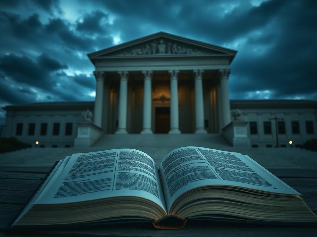 Flick International A solemn view of the Supreme Court building at dusk with weathered legal books in the foreground
