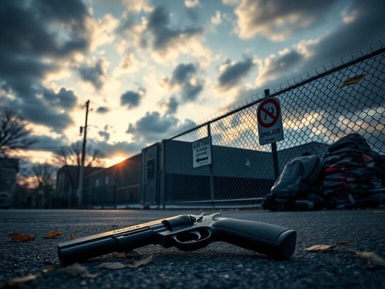 Flick International Police barricade in front of a public school with a discarded handgun on the pavement