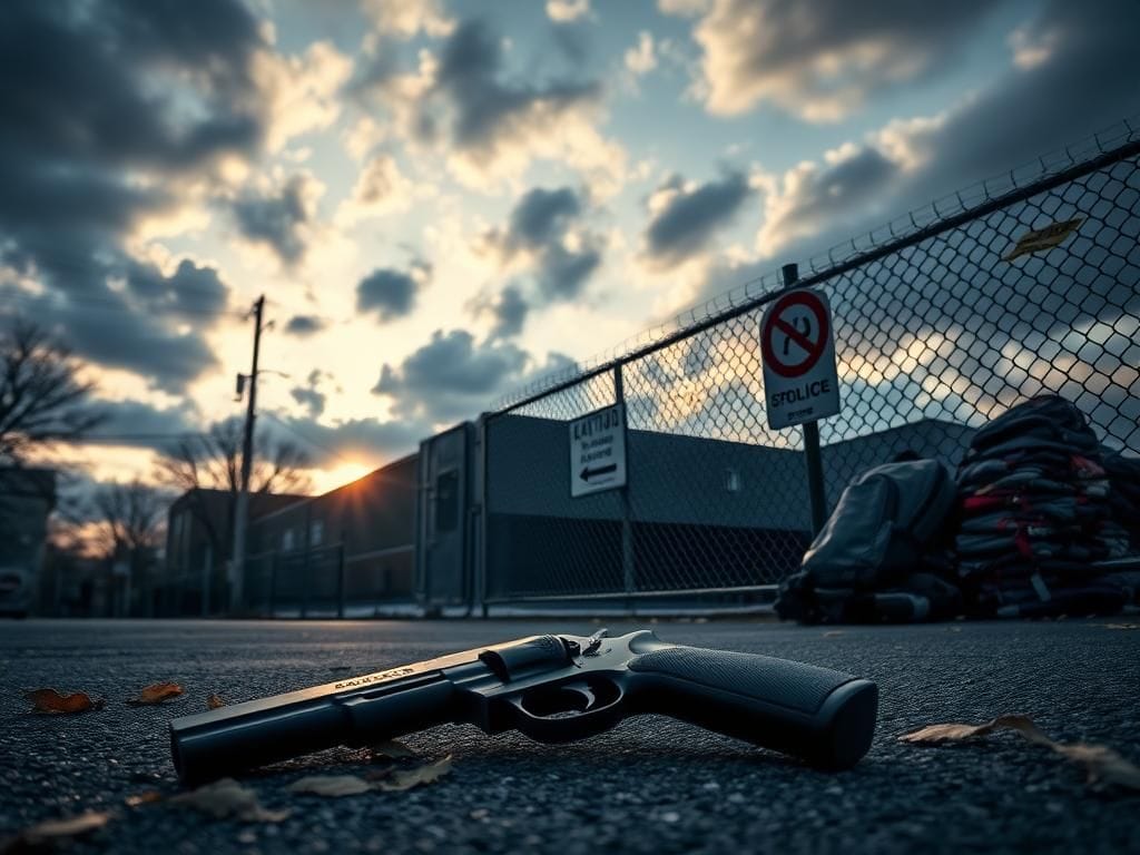 Flick International Police barricade in front of a public school with a discarded handgun on the pavement