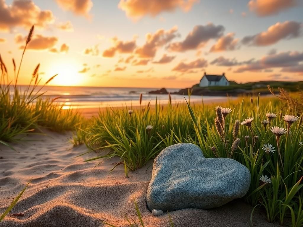 Flick International Serene coastal scene at sunset with heart-shaped stone on sandy beach