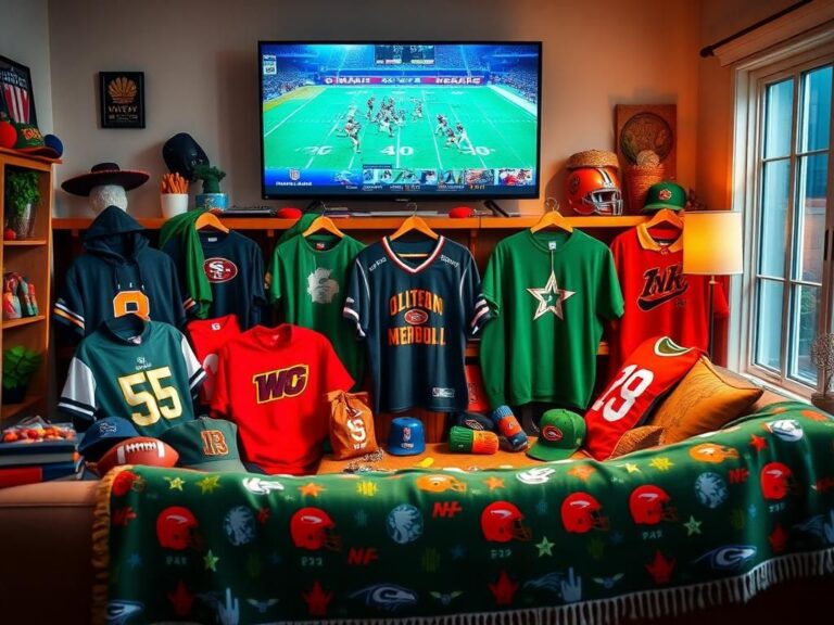 Flick International Cozy living room decorated in NFL team colors with apparel and game day decor