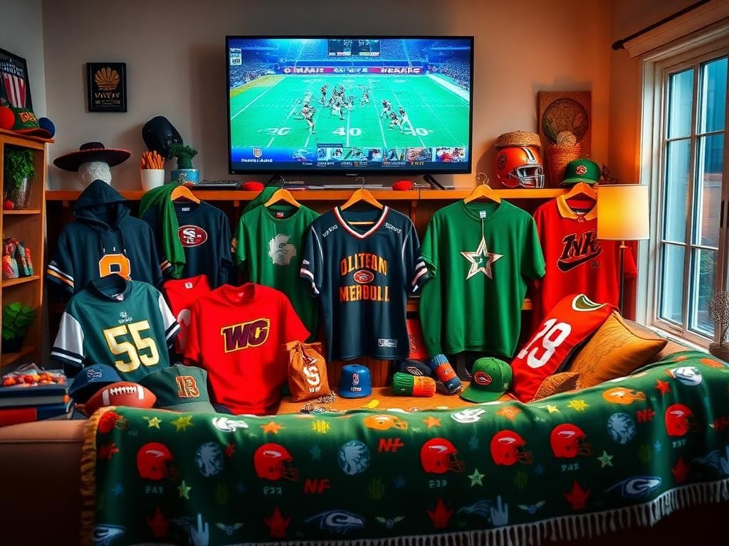 Flick International Cozy living room decorated in NFL team colors with apparel and game day decor