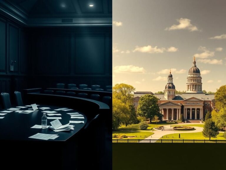 Flick International A split scene showing the contrast between a gloomy Senate chamber and a vibrant university campus representing Virginia's educational divide.