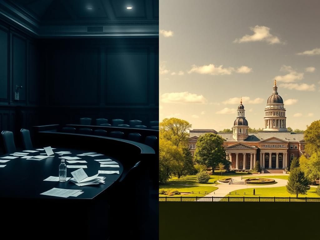 Flick International A split scene showing the contrast between a gloomy Senate chamber and a vibrant university campus representing Virginia's educational divide.