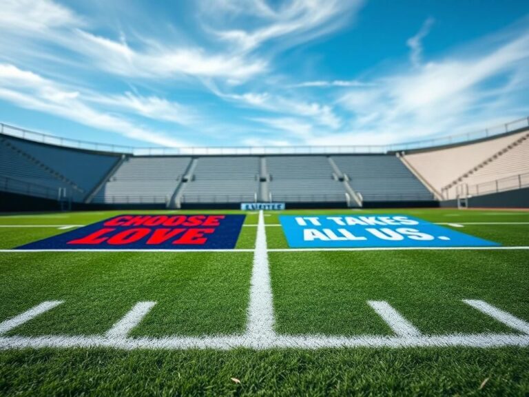 Flick International A football field featuring freshly painted end zones with the messages 'Choose Love' and 'It Takes All Of Us'