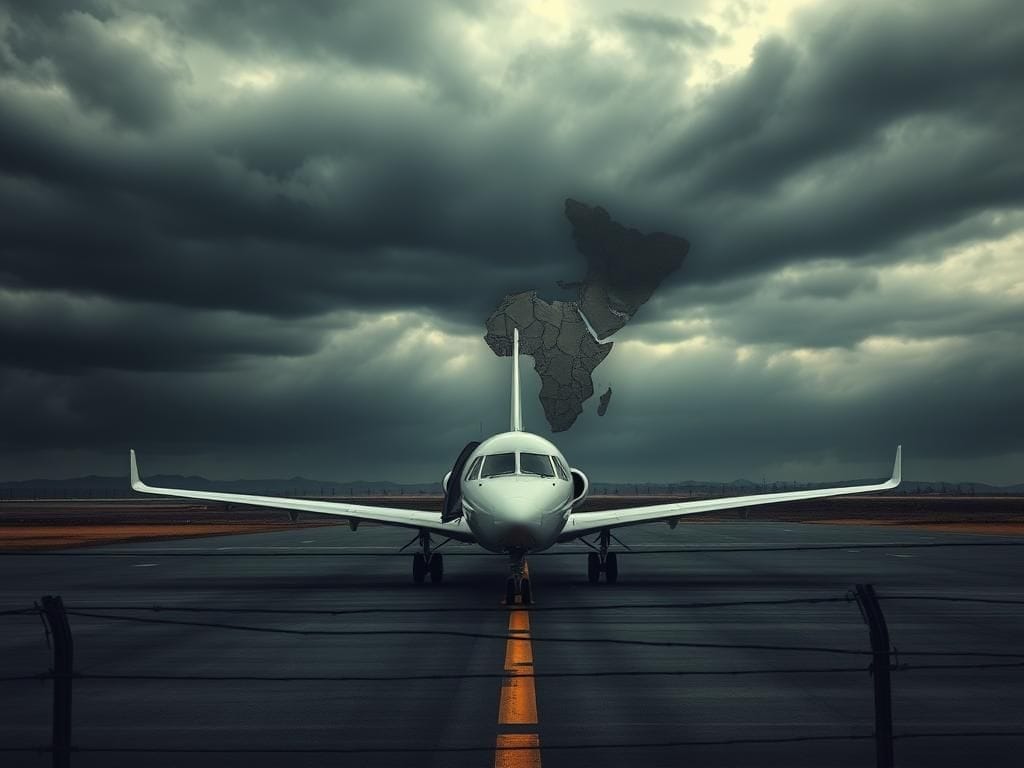 Flick International A deserted airport runway with a solitary airplane, symbolizing the somber theme of deportation.