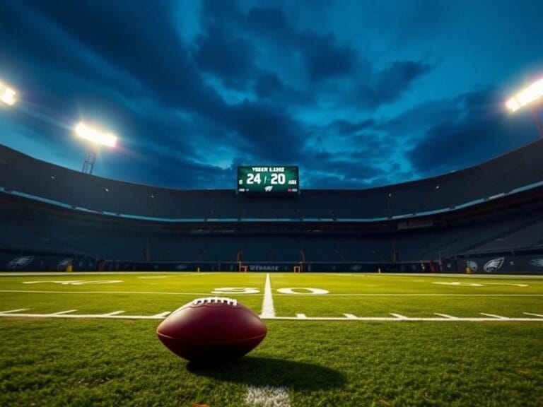 Flick International Empty football field under stadium lights with a single football near the sideline