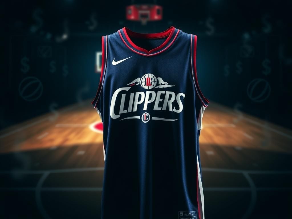 Flick International Los Angeles Clippers jersey with Aspiration Partners logo on a blurred basketball court background