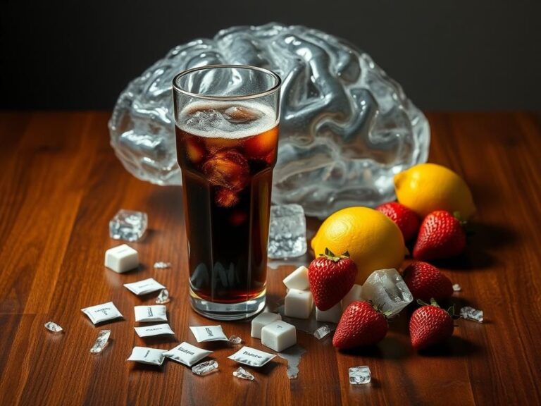 Flick International A still-life composition featuring a half-filled glass of diet soda with bubbles and melting brain-shaped ice cubes on a wooden table.
