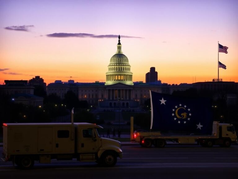 Flick International Panoramic view of the Washington, D.C. skyline at dusk with the Capitol building and National Guard vehicles