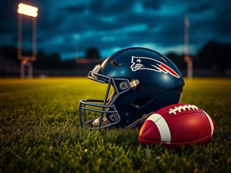 Flick International Close-up of a New England Patriots helmet on football turf at dusk