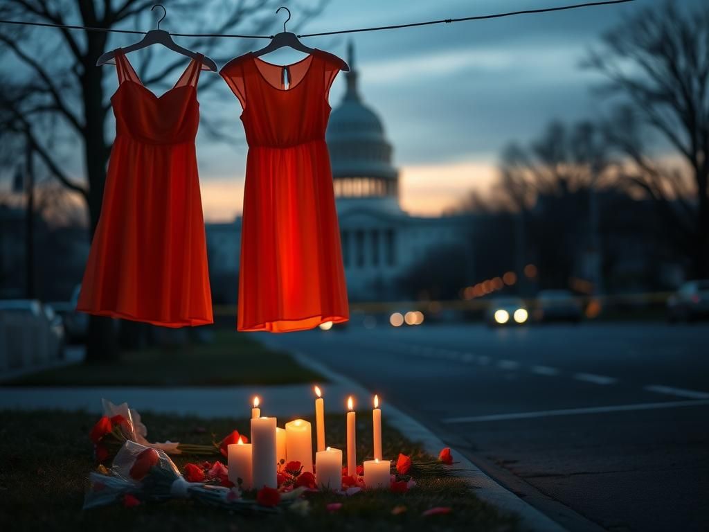 Flick International A vibrant orange dress hanging on a clothesline against the backdrop of the U.S. Capitol at dawn, surrounded by flickering candles and flower petals, symbolizing hope and remembrance.