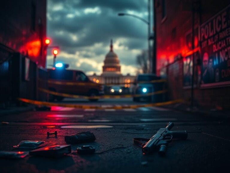Flick International Dimly lit alleyway in Washington, D.C. after a police crackdown, featuring abandoned firearm and caution tape.